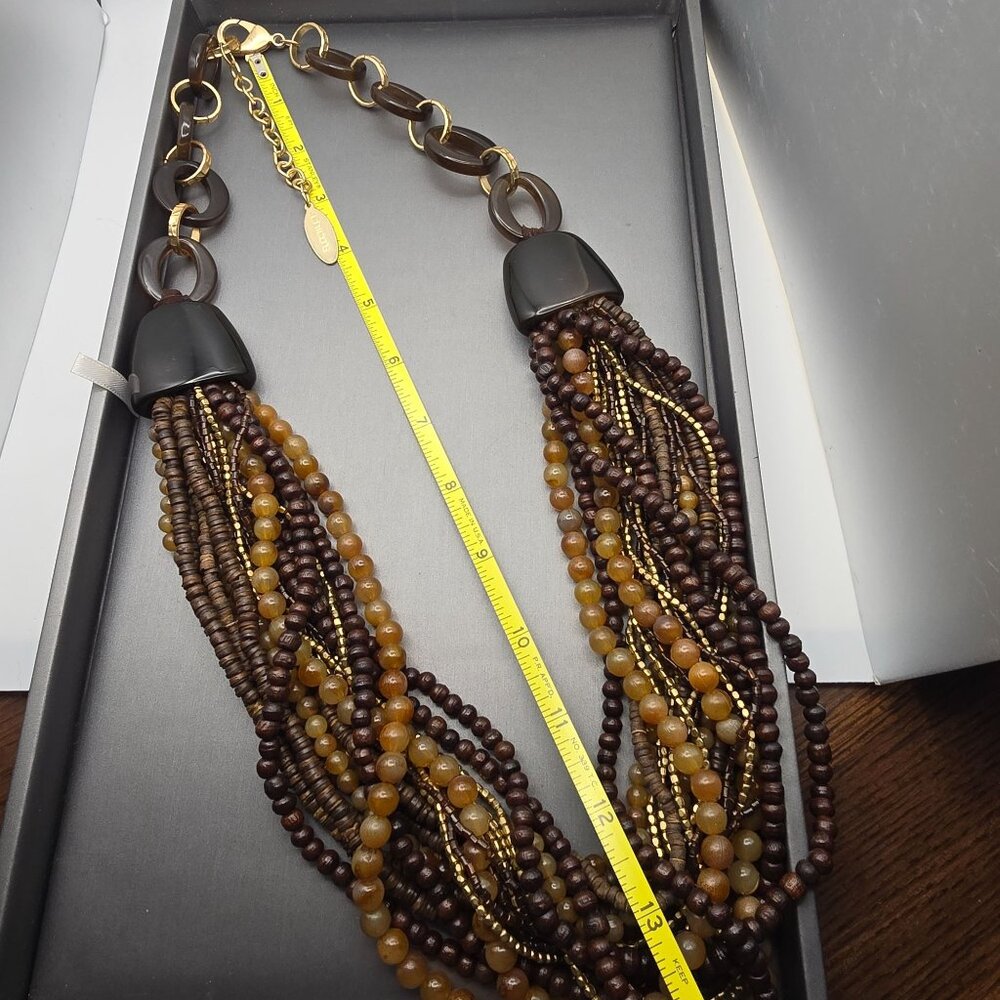 Chicos Multistrand Beaded Statement Necklace 26" Brown Gold Tone Adjustable - Picture 5 of 7